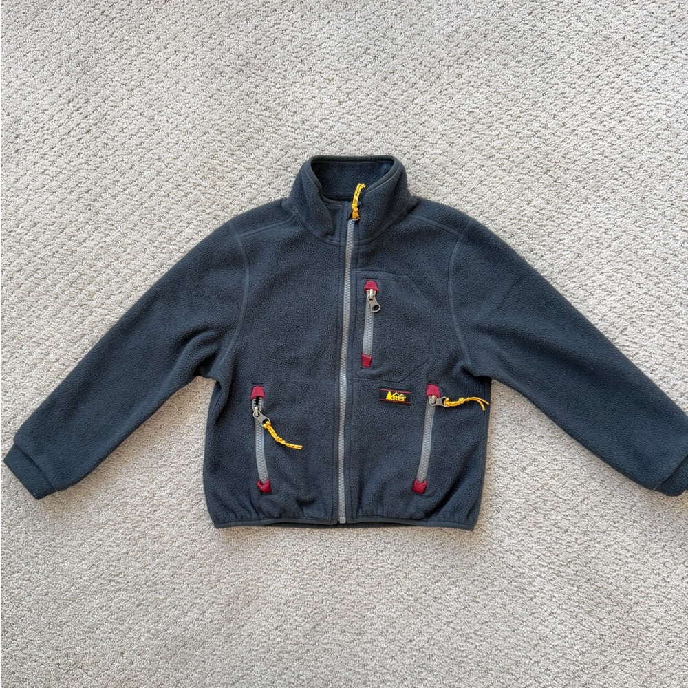 REI kid Charcoal Fleece Jacket with Red and Yellow Details